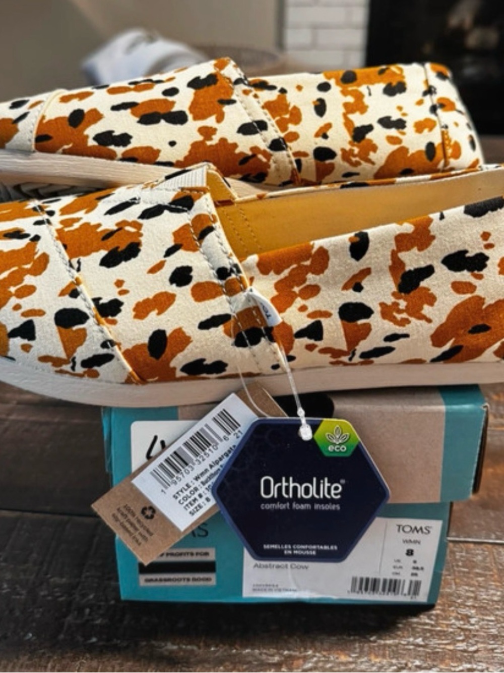 TOMS Canvas Slip-On Flats in White, Tan & Black Cow Print